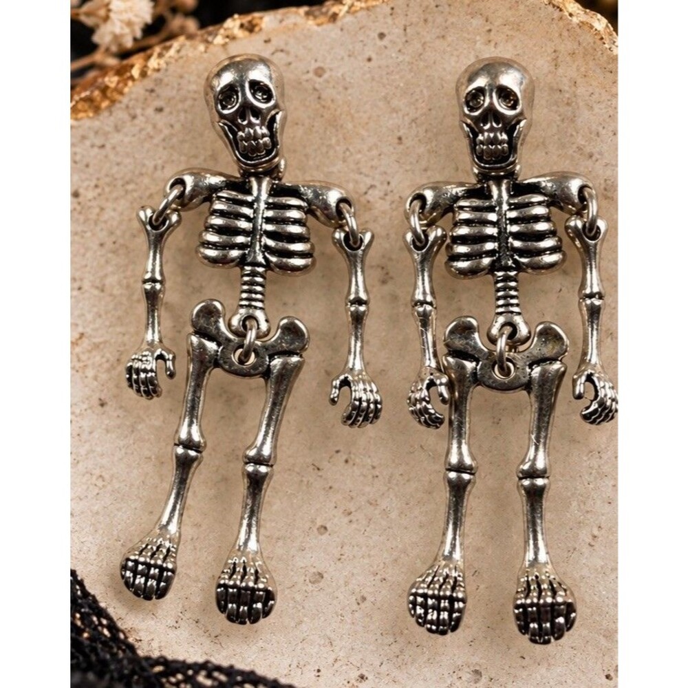 Vintage Silver Tone Skeleton Earrings Articulated Dangle Gothic Halloween